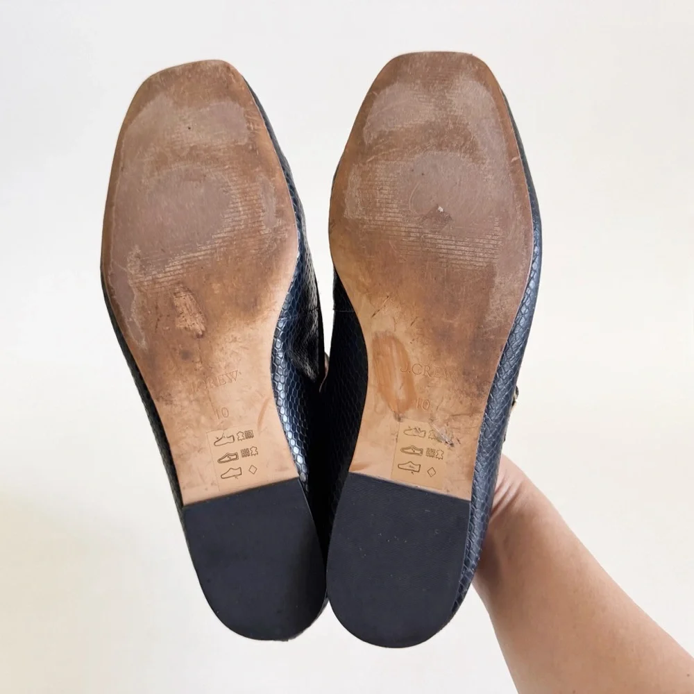 J. Crew Quinn Square Toe Mary Jane Flat Shoe 10 Black Snake Embossed Classic - Picture 8 of 10